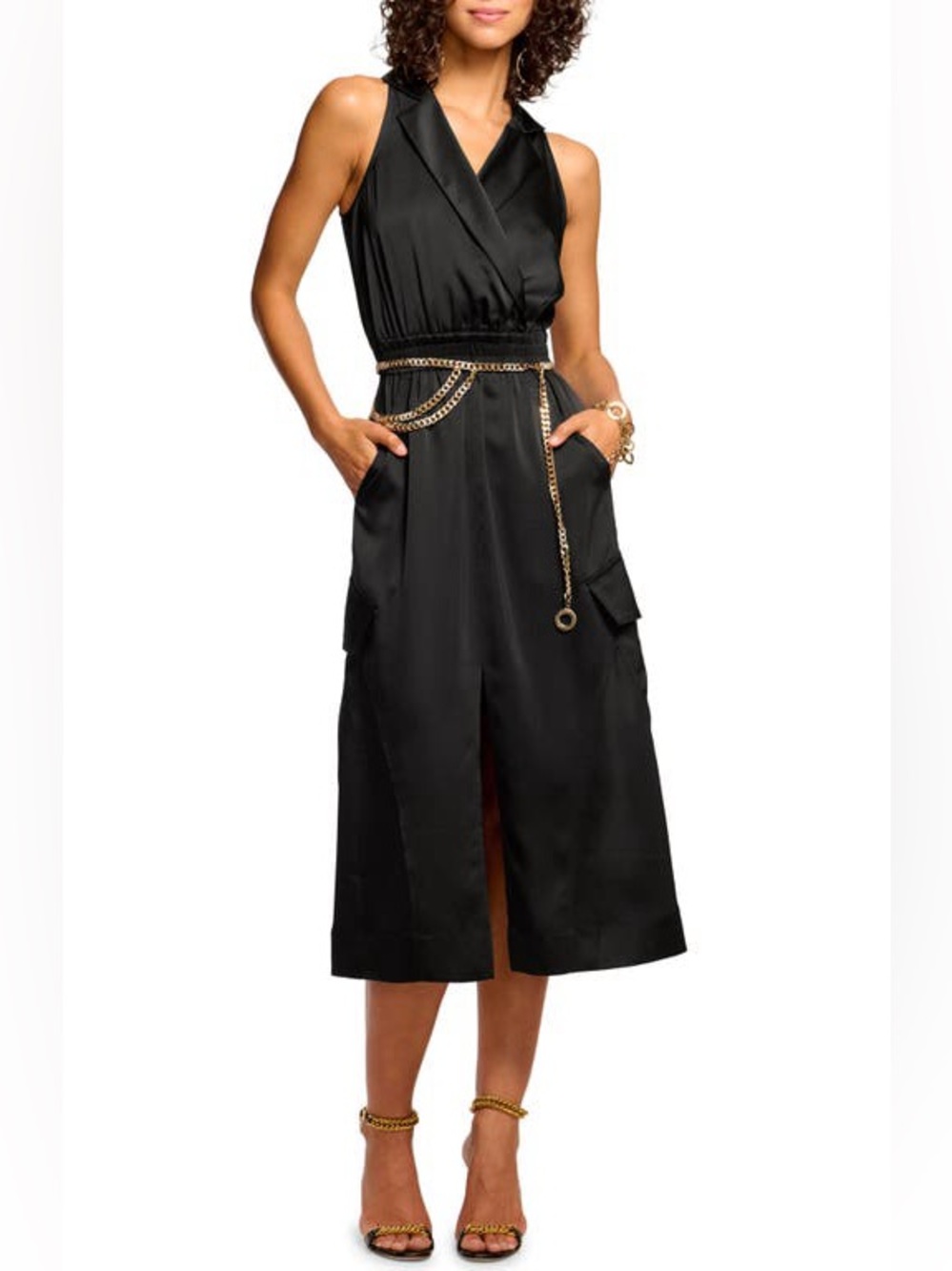Ramy Brook Black Satin Sleeveless Wrap Midi Dress with Gold Chain Belt